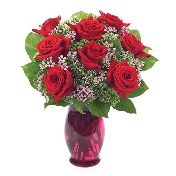 8 Red Roses With Waxflower